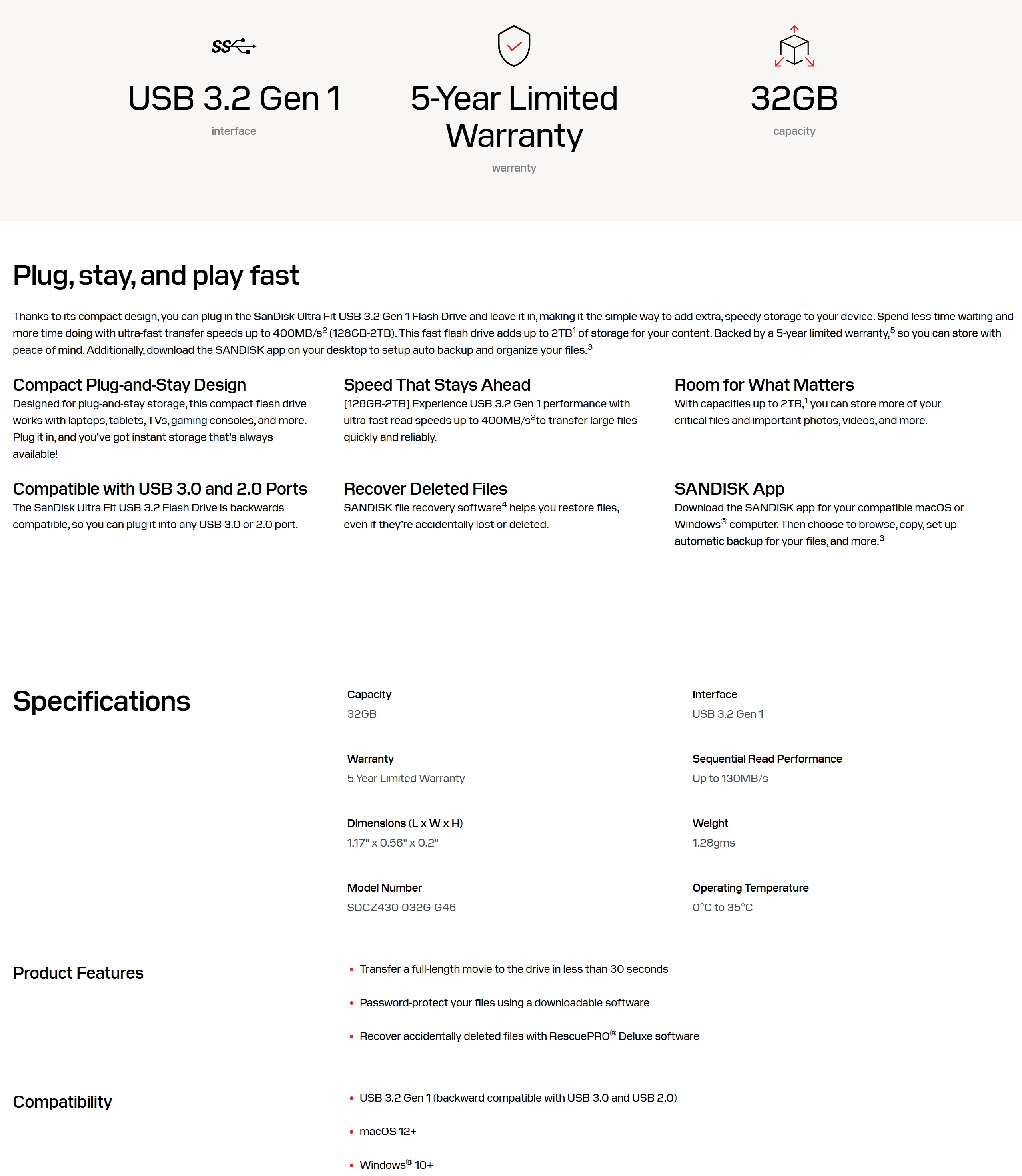 Компактна флаш памет SanDisk Ultra Fit 32GB USB 3.2.